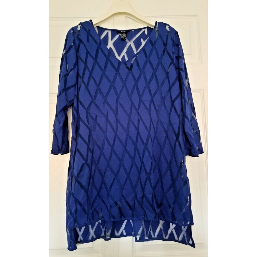 Alfani Women's Top Blouse Blue Sheer V-Neck Peep-thru with Under Tank Size 1X